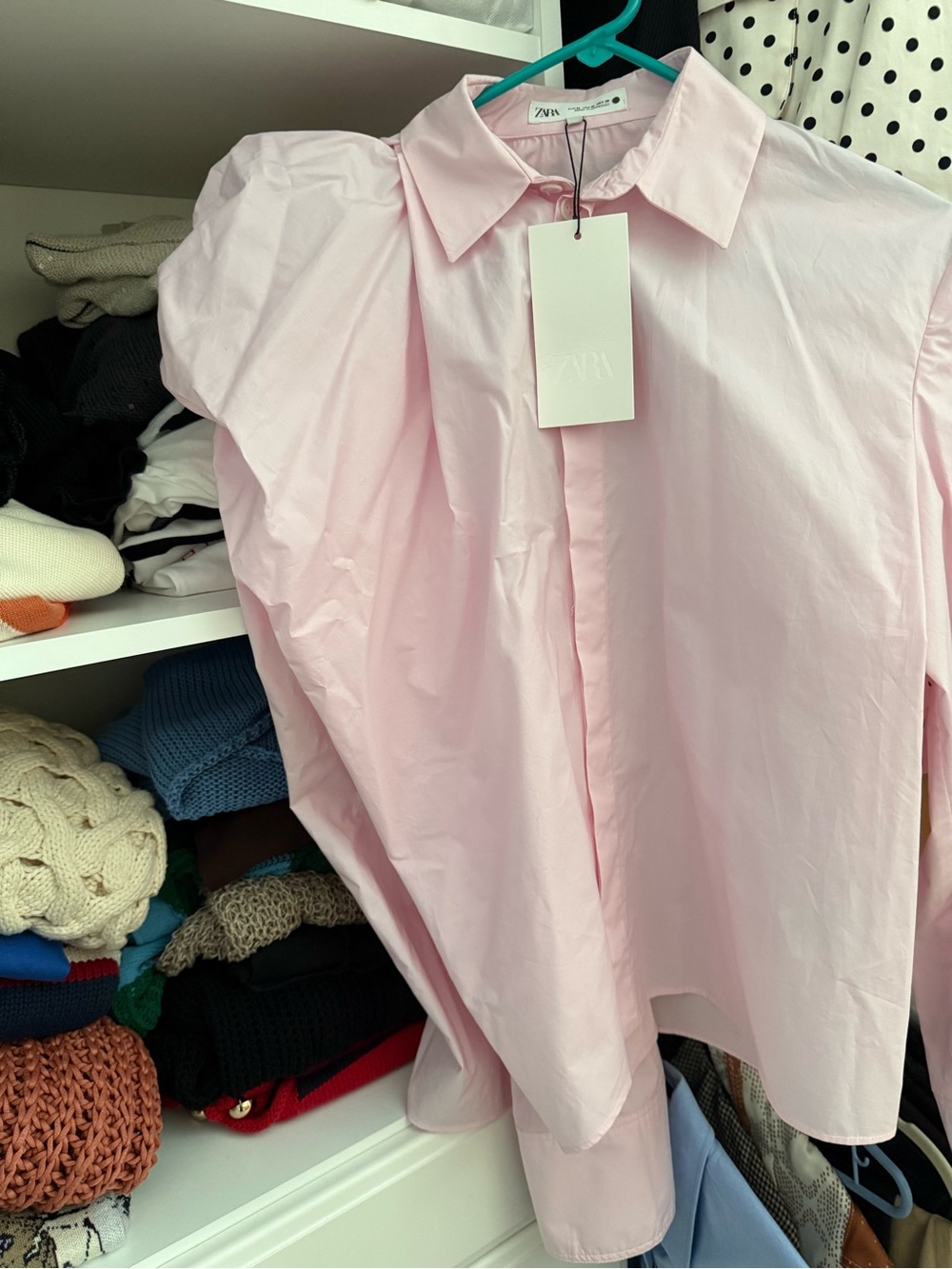 Zara Light Pink Puff Sleeve Button-Up Blouse Sz M oversized NWT